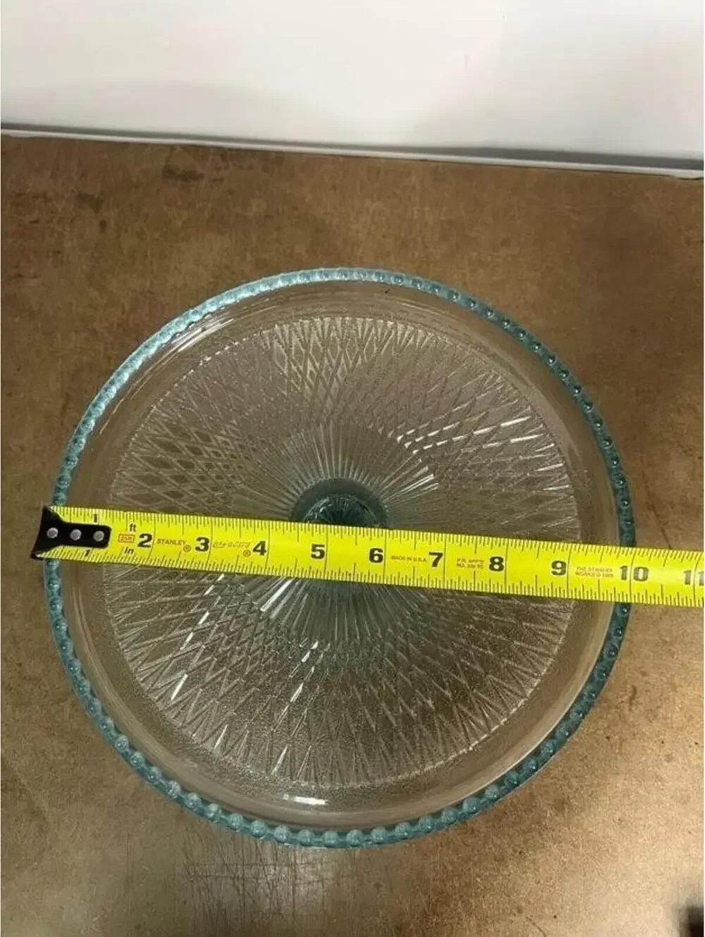 Blue Pressed Glass Pedestal Cake Stand Beaded Edge Retro Round Dessert Tray